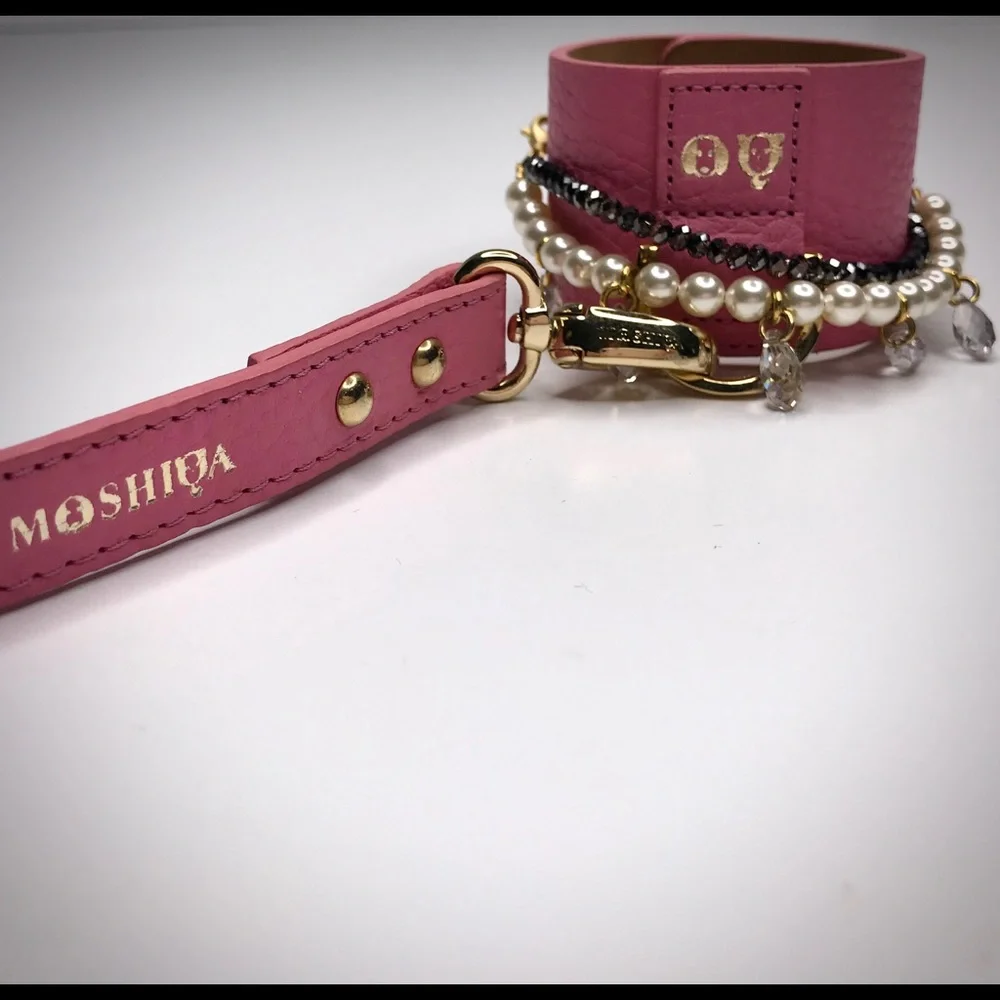 MOSHIQA Pink Leather Pearl Bracelet Dog Leash Crystal Cuff Luxury Pet Frenchie - Picture 4 of 15